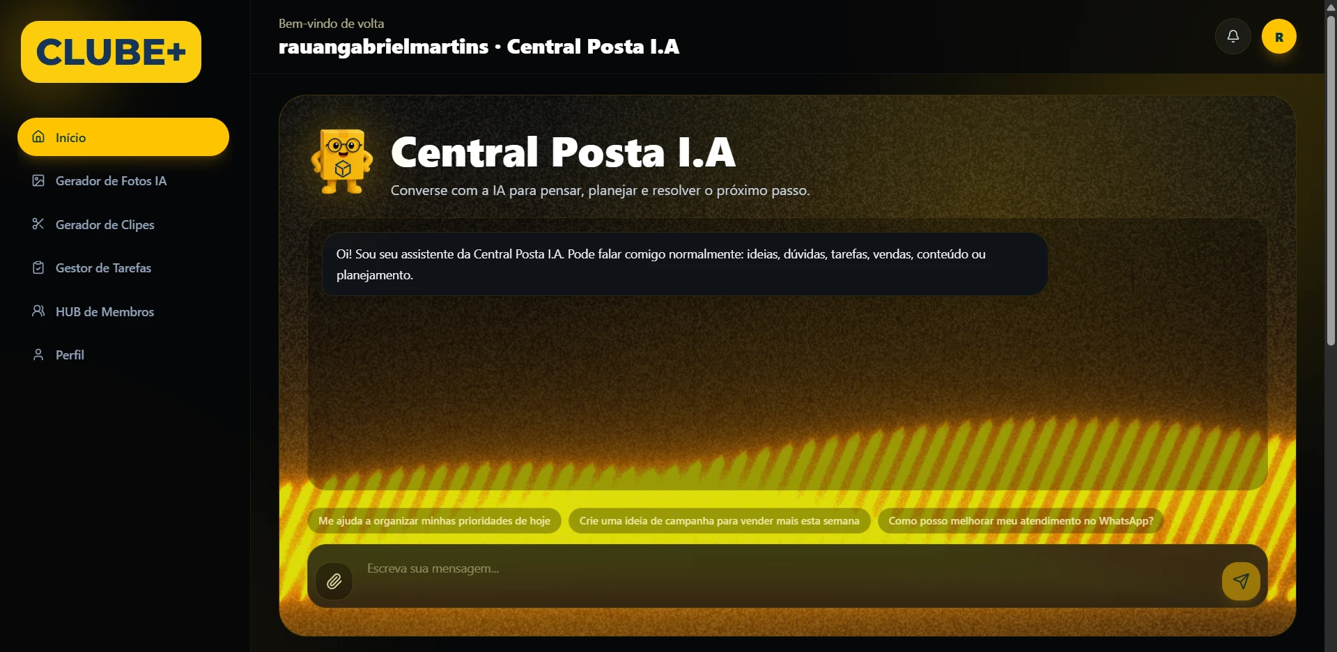 Tela da Central Posta I.A com mensagem de boas-vindas, sugestões rápidas, campo de texto e opção para anexar arquivos
