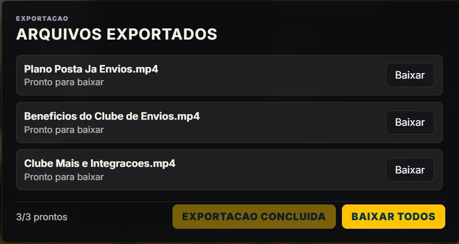 Arquivos do Gerador de Clipes sendo processados para exportação