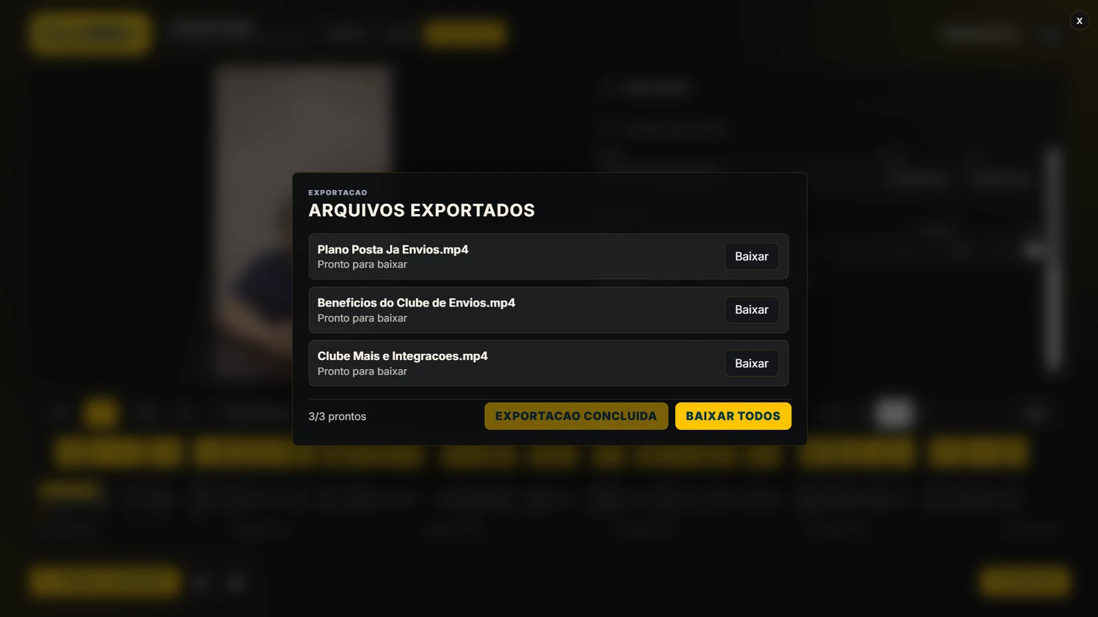 Tela de exportação do Gerador de Clipes com arquivos preparados para processamento