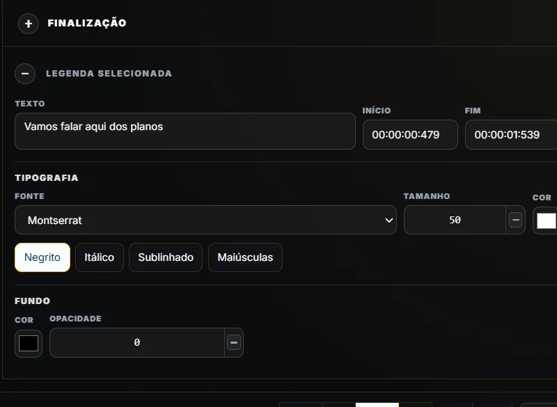Detalhe ampliado da área de finalização e edição de legendas