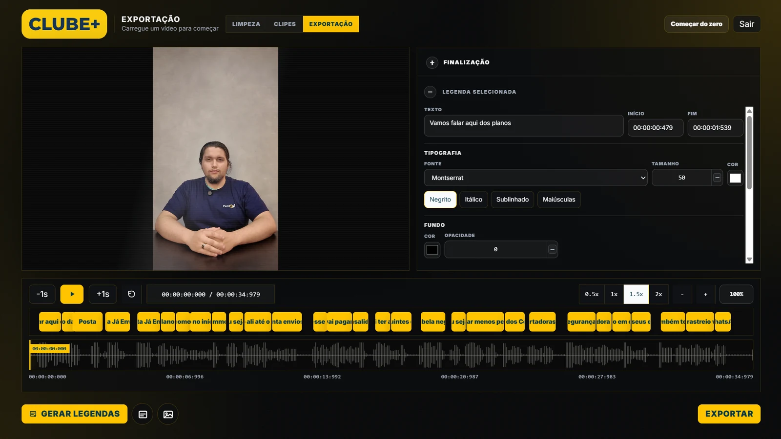 Editor do Gerador de Clipes com legenda aplicada ao vídeo e opções de tipografia e cor