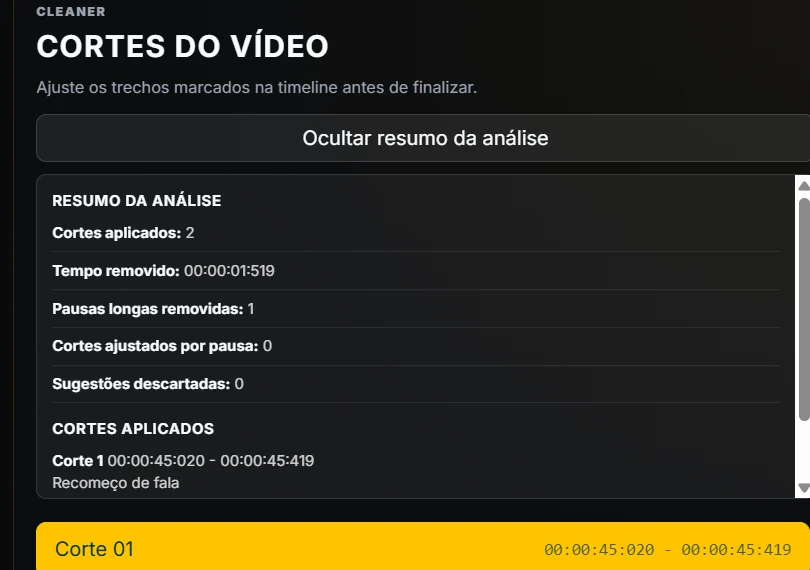 Resumo da análise com motivos dos cortes sugeridos pelo Gerador de Clipes
