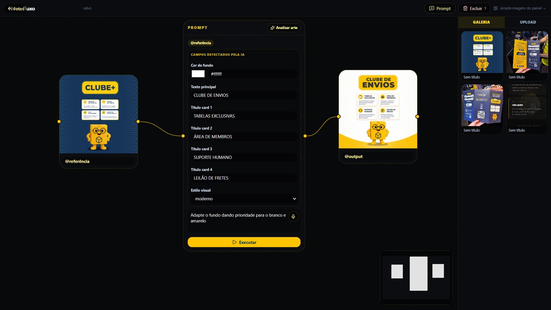Fluxo completo com referência, campos editados e novo output gerado