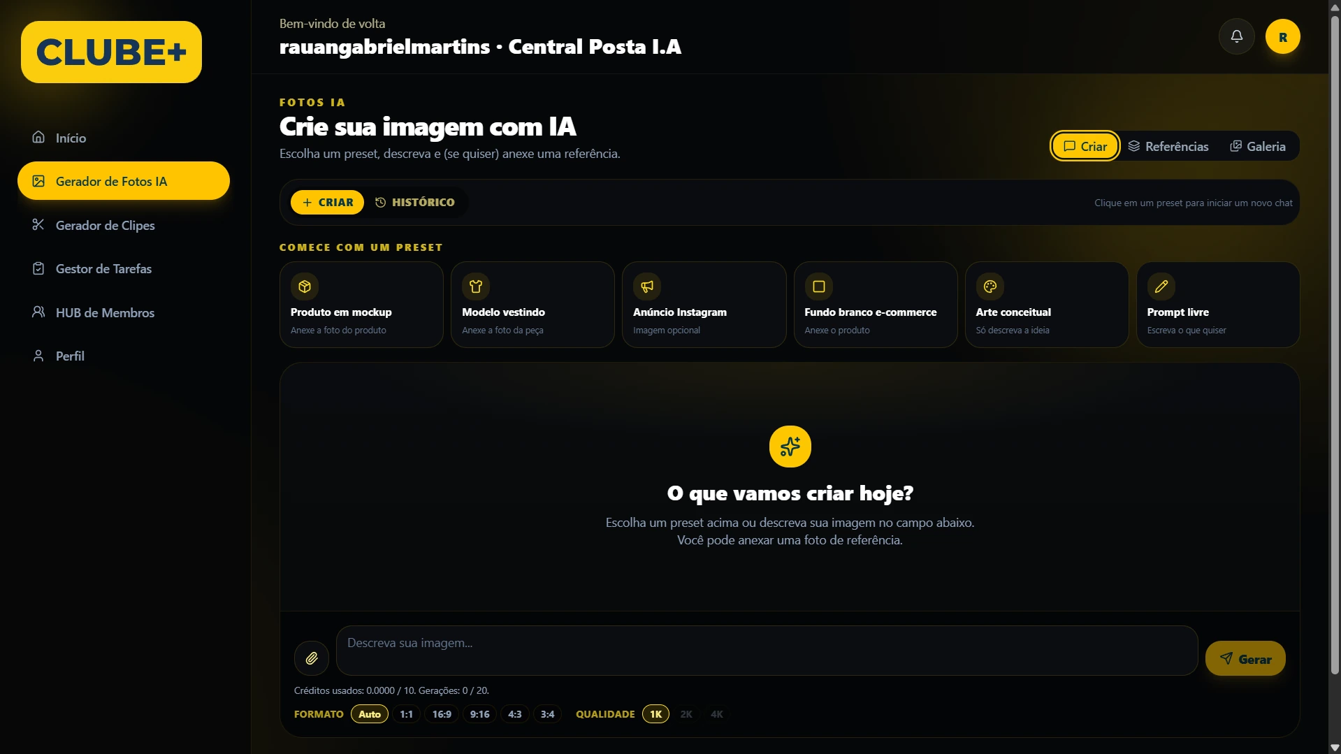Tela inicial do Gerador de Fotos com presets, campo de prompt, anexo, formatos e qualidade